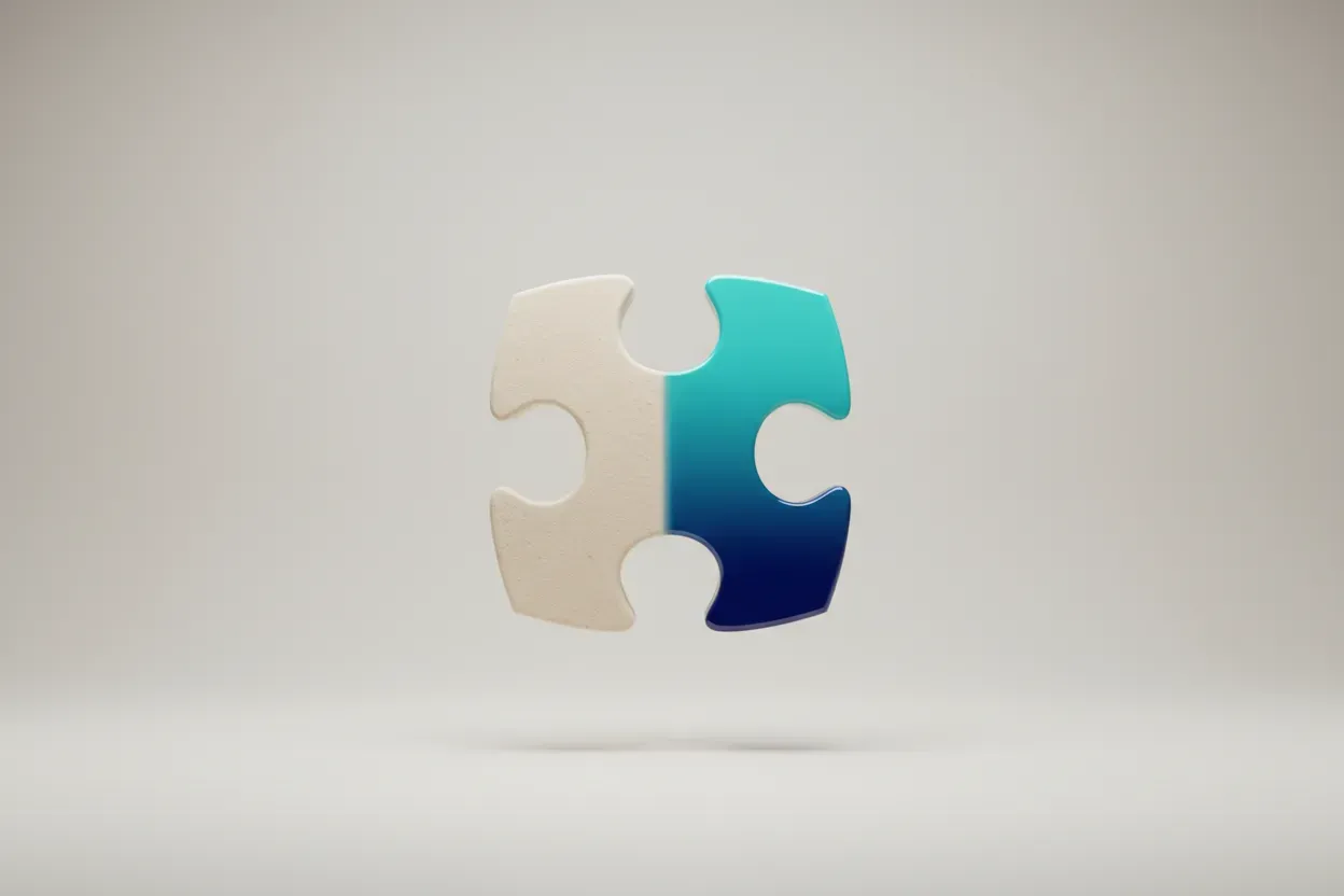 Single puzzle piece fused from natural paper and glossy teal halves on a neutral background, symbolizing a founder story aligned with brand identity.