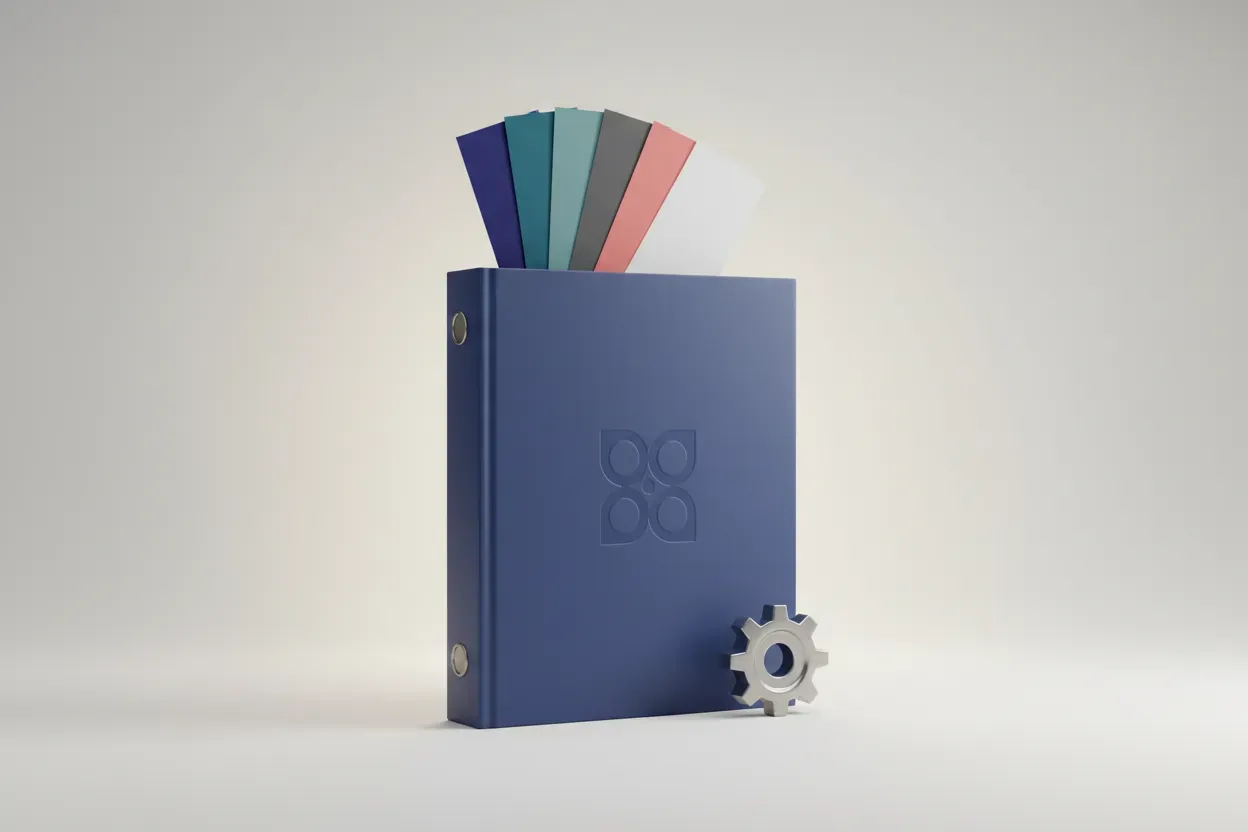 Minimalist brand style guide binder with color swatches and a small gear on a soft neutral background.