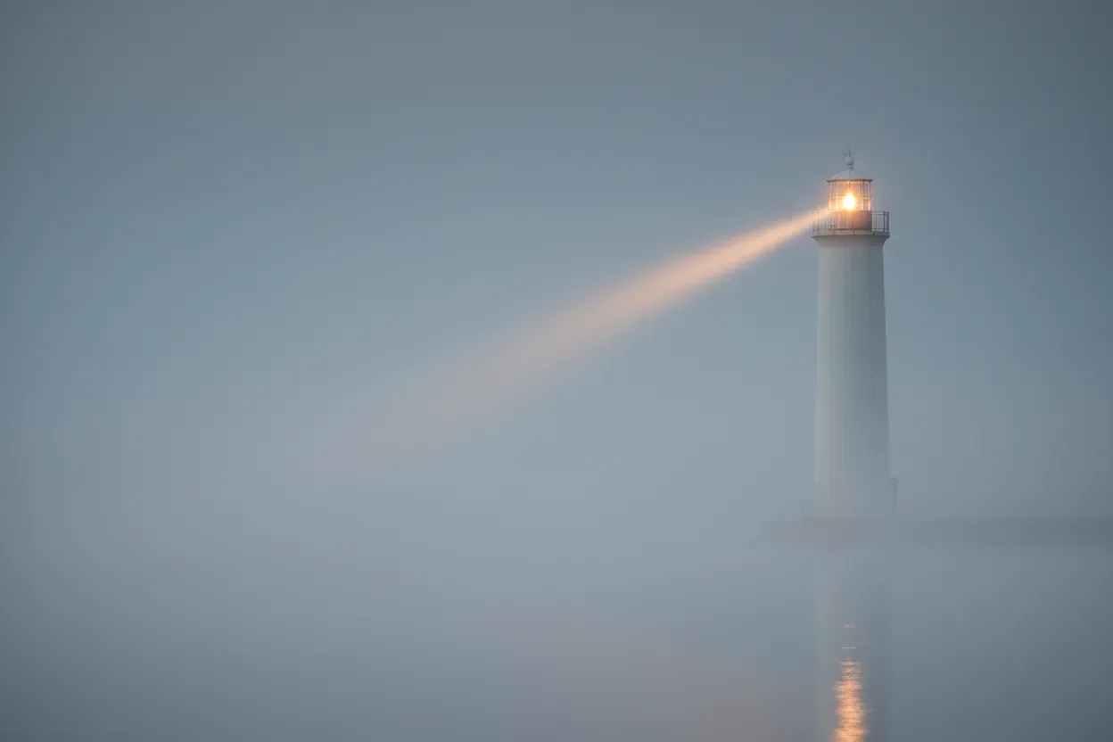 Lone lighthouse casts a steady beam through soft fog over calm water, symbolizing consistent guidance amid uncertainty.