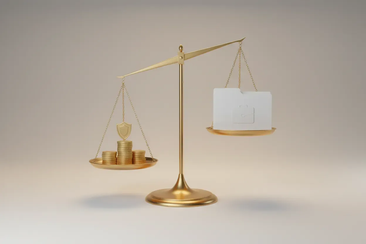 Brass balance scale with coins tipping past a business folder on a soft gray backdrop, conveying tax savings from entity selection.