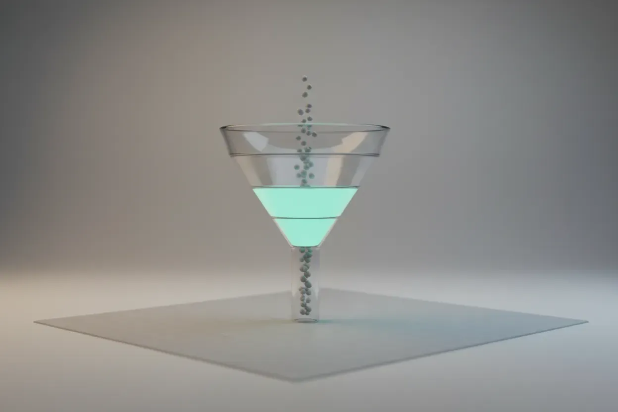 Translucent tiered conversion funnel with a glowing middle ring on a soft gray background, showing flow with a few spheres entering and exiting.