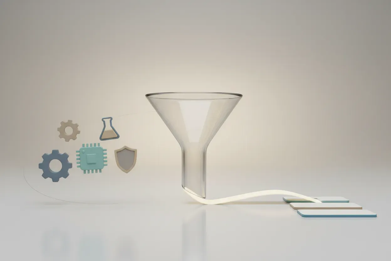 Central glass funnel refining diverse industry icons into three clean stacked tiles on a soft neutral background.