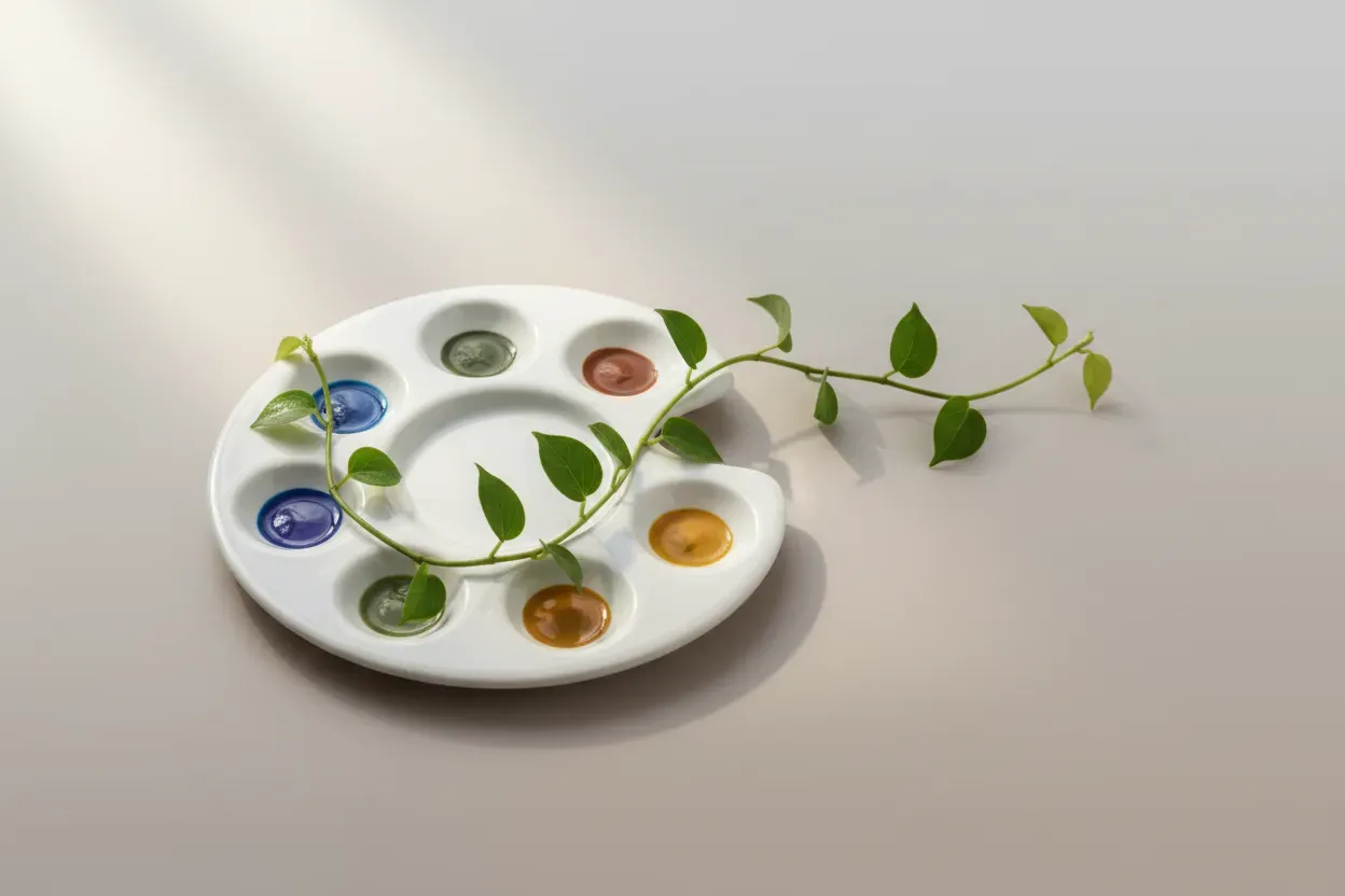 White ceramic paint palette on soft gray with a green vine linking color wells, symbolizing organic connection in the art world.