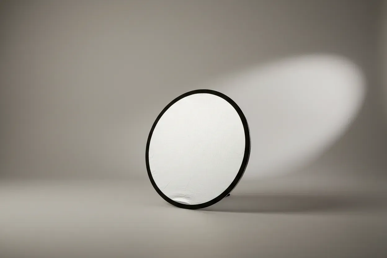 Circular silver-white photo reflector on a neutral gray backdrop, reflecting soft light and casting a gentle shadow.