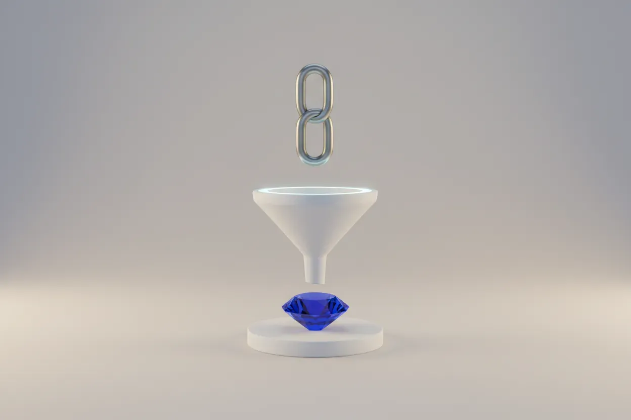 3D render: a chain link drops into a white funnel, yielding one glowing gem on a pedestal against a soft neutral background.