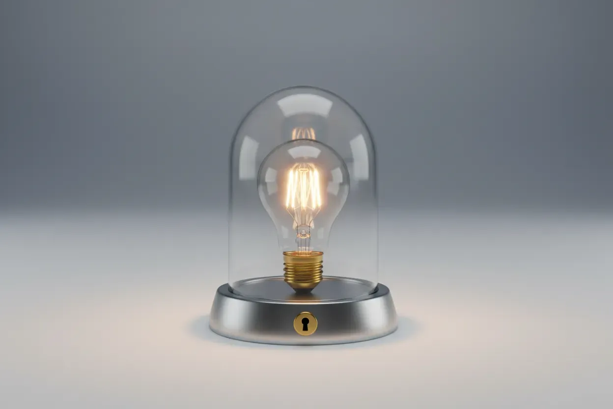 A glowing lightbulb sealed under a clear glass dome with a small lock on the base, set against a soft neutral background.