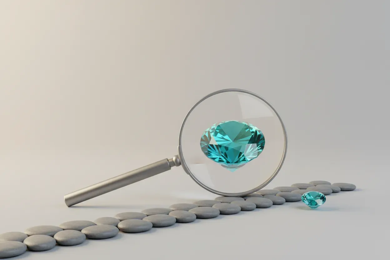 Magnifying glass reveals a vivid gemstone just off a line of gray stones, symbolizing talent found in unconventional places.