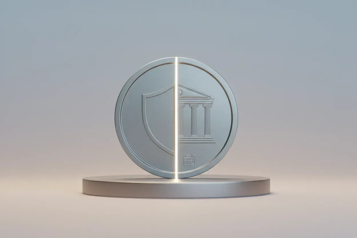 Split metal medallion with shield and column icons, symbolizing the LLC vs corporation choice, on a soft neutral background.
