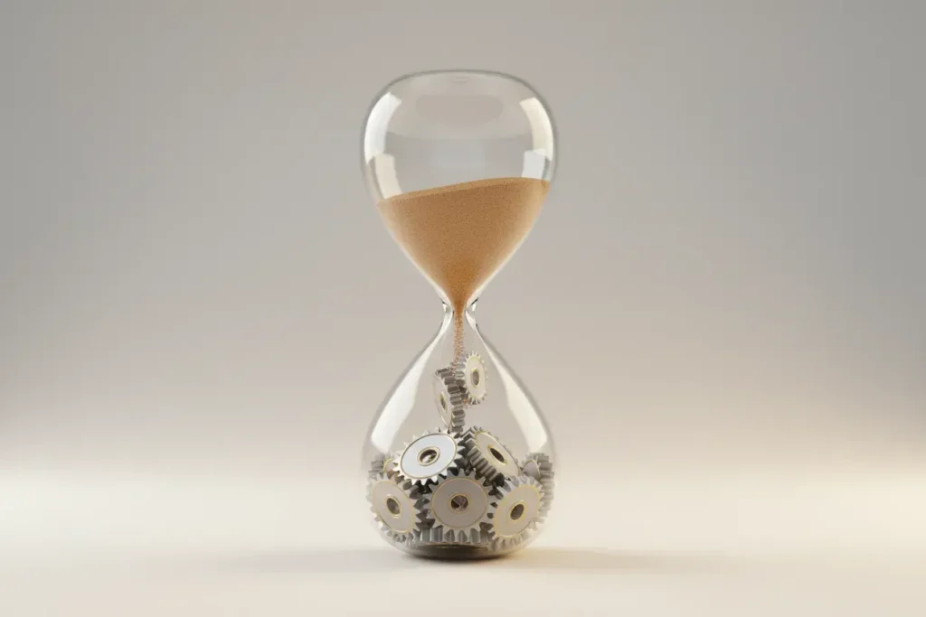 Glass hourglass where falling sand turns into polished interlocking gears on a soft neutral background.