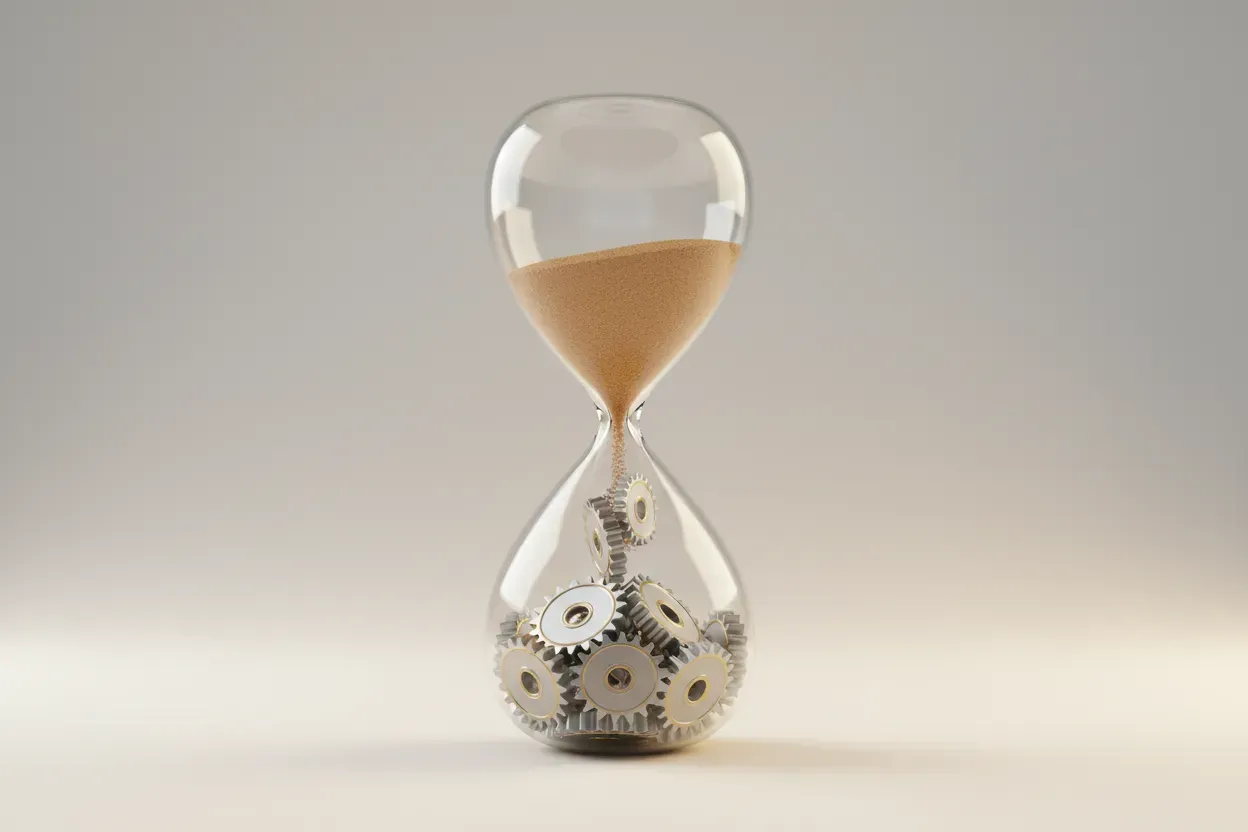 Glass hourglass where falling sand turns into polished interlocking gears on a soft neutral background.