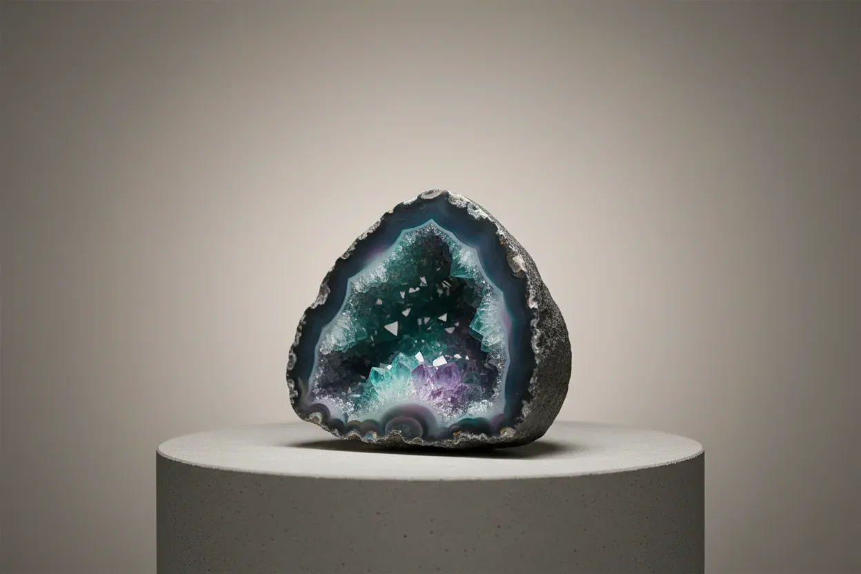 Split geode on neutral background revealing vibrant crystal core, symbolizing hidden talent in unconventional sources.