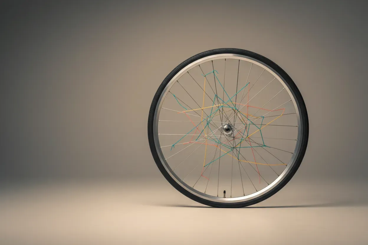 Bicycle wheel with colorful yarn woven between spokes on a soft neutral background, symbolizing creative connections.