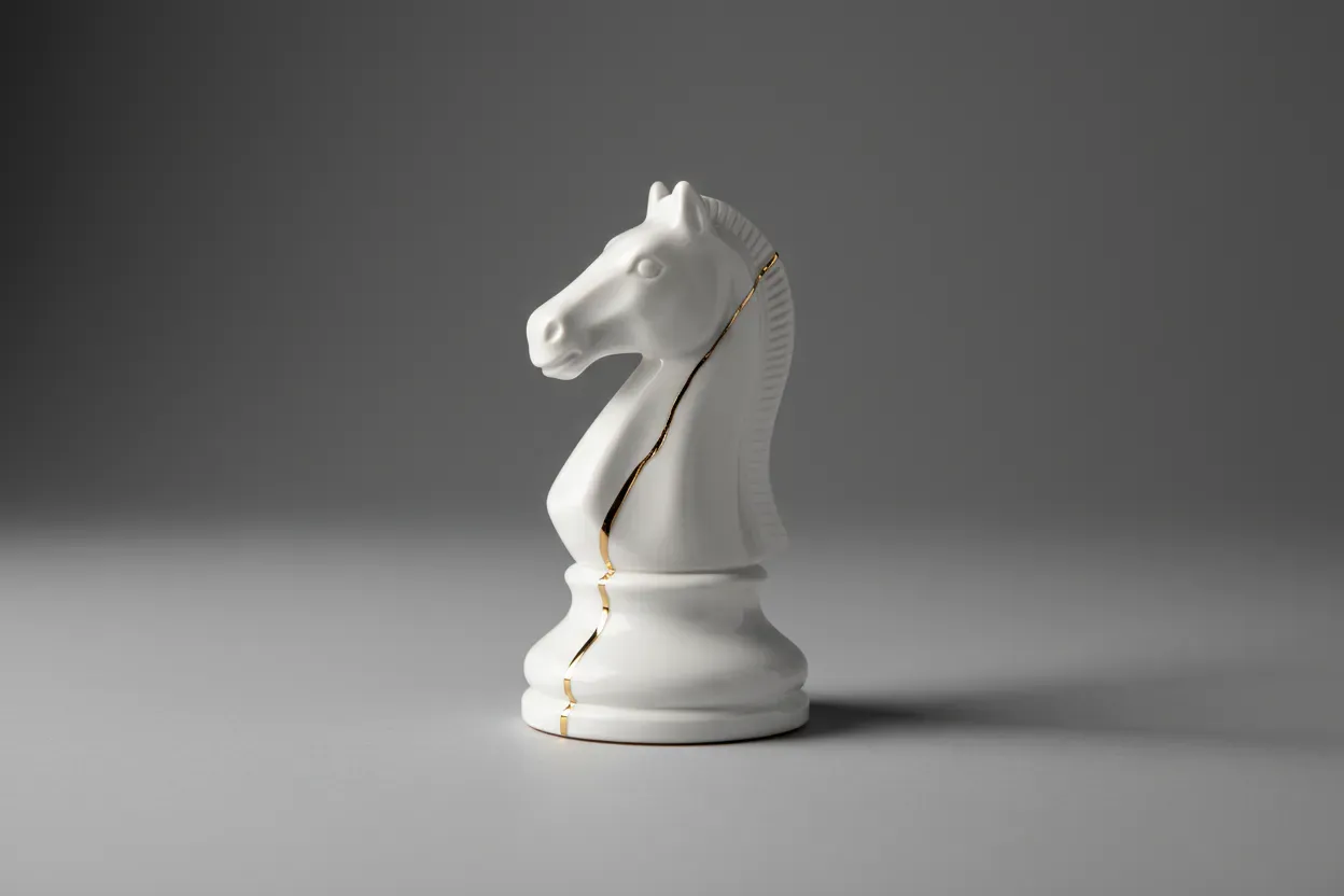 White ceramic chess knight with subtle gold kintsugi repair on a soft gray background.