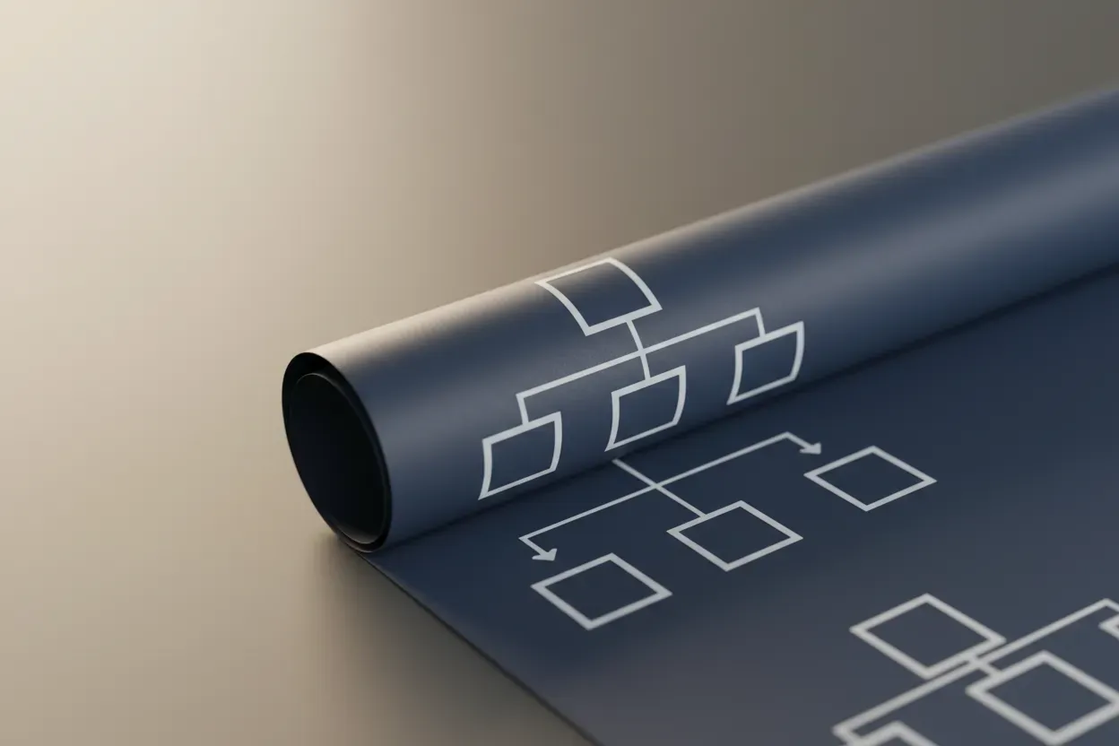 Rolled-out blueprint with clean, text-free org-chart lines on a soft gray background, symbolizing guidance in business formation.