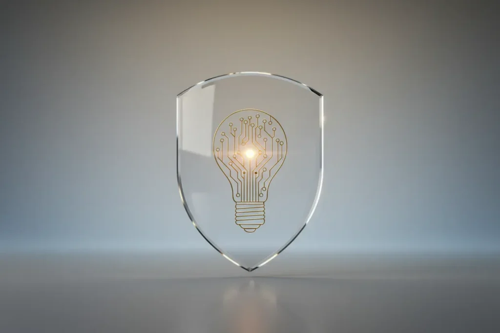 Glass shield encasing a circuit-trace lightbulb glowing softly against a neutral gradient background.