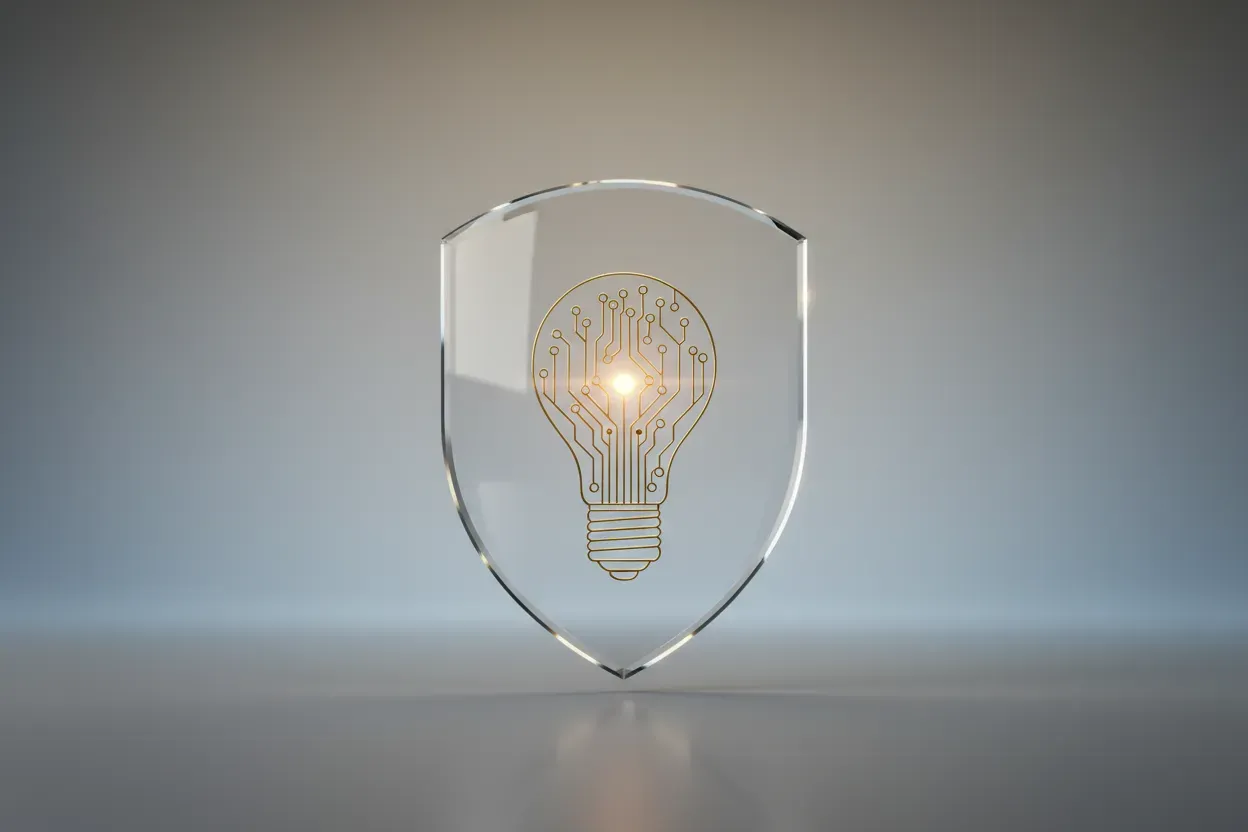Glass shield encasing a circuit-trace lightbulb glowing softly against a neutral gradient background.