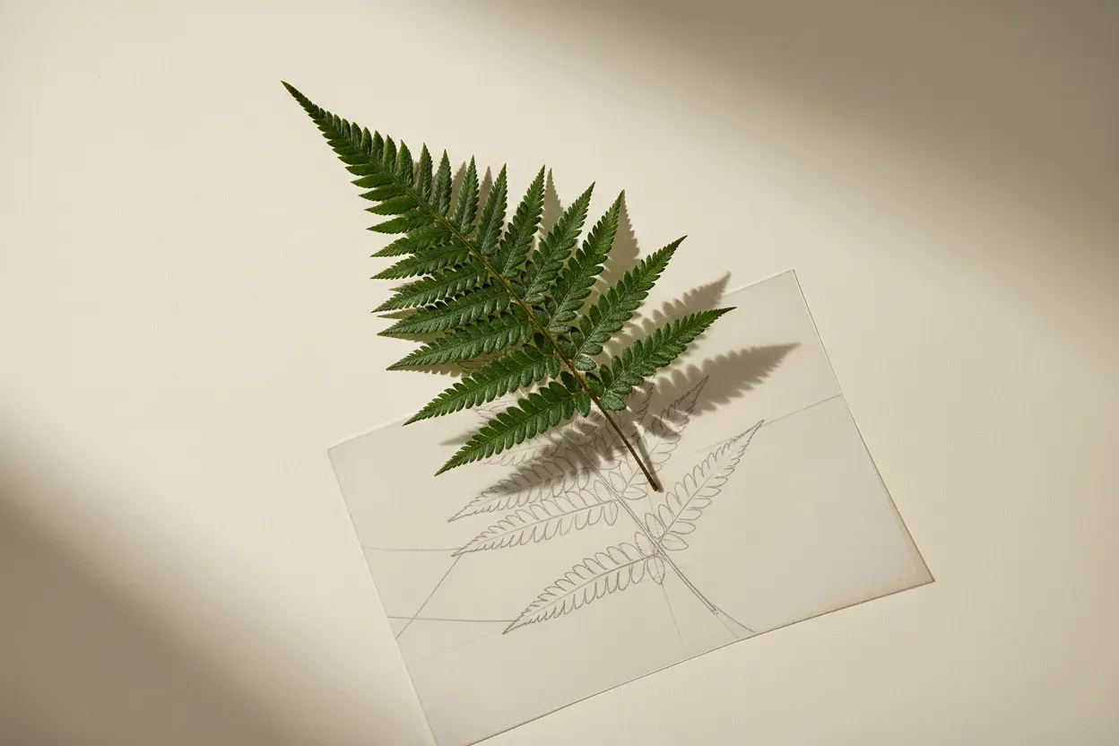 Fern frond on pale background with a crisp shadow and vellum overlay tracing the shadow’s contours in fine charcoal lines.