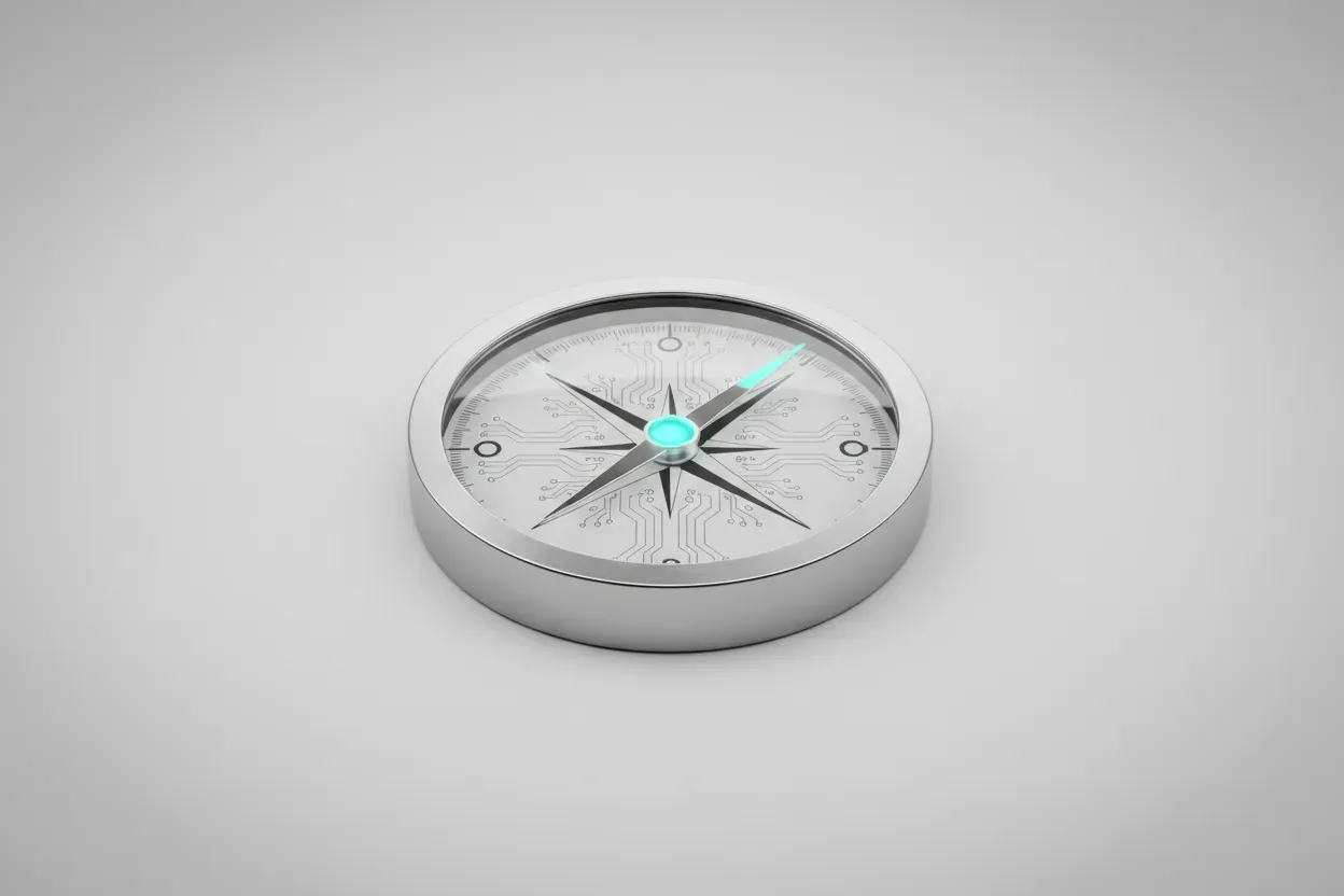 Sleek glass compass with subtle circuit patterns on a soft gray background, symbolizing AI-guided recruiting direction.