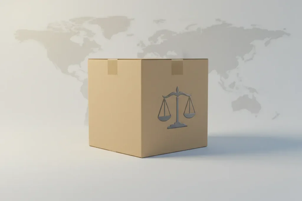 Cardboard shipping box with embossed justice scales on a soft background and faint world map, symbolizing cross-border legal compliance.