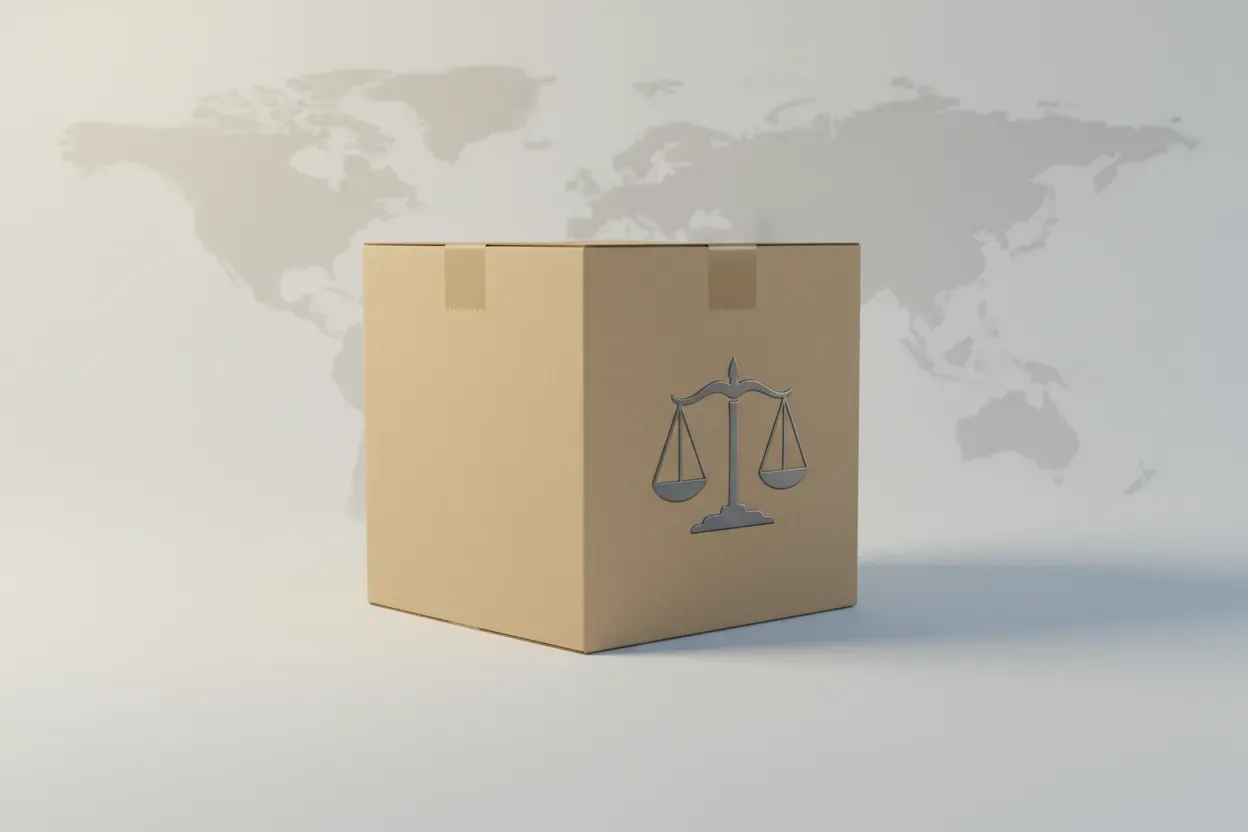 Cardboard shipping box with embossed justice scales on a soft background and faint world map, symbolizing cross-border legal compliance.
