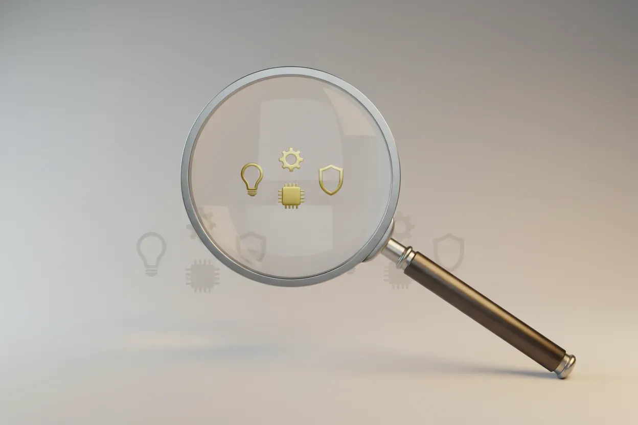 Magnifying glass revealing golden icons (lightbulb, gear, microchip, shield) on neutral background, symbolizing IP audit uncovering value.