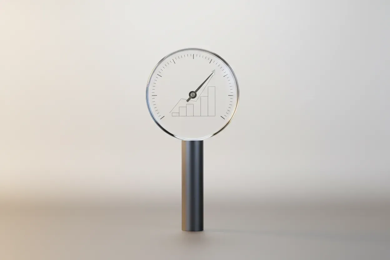 Translucent glass gauge with upward needle and rising chart on a soft neutral background, symbolizing branding ROI measurement.