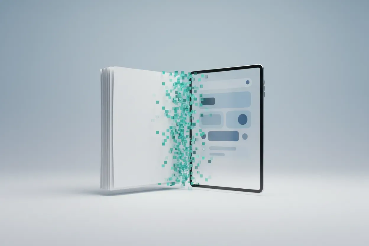 Stack of paper resumes transforming into a sleek tablet, symbolizing the shift to AI-driven digital recruiting.