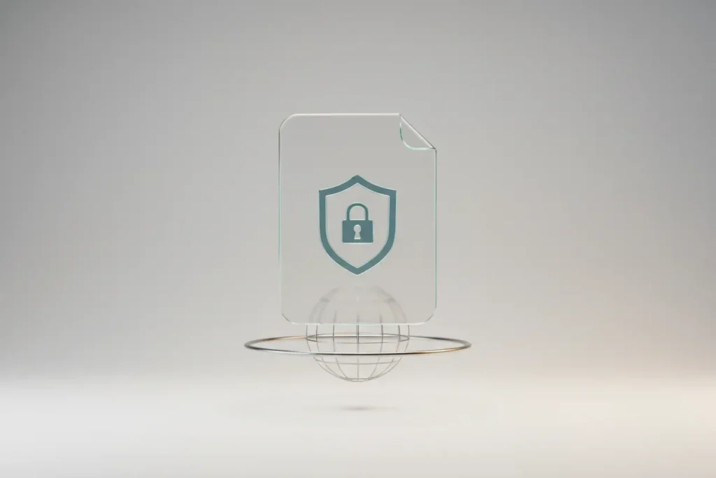 Minimalist digital contract with a shield lock above a subtle globe on a soft neutral background.