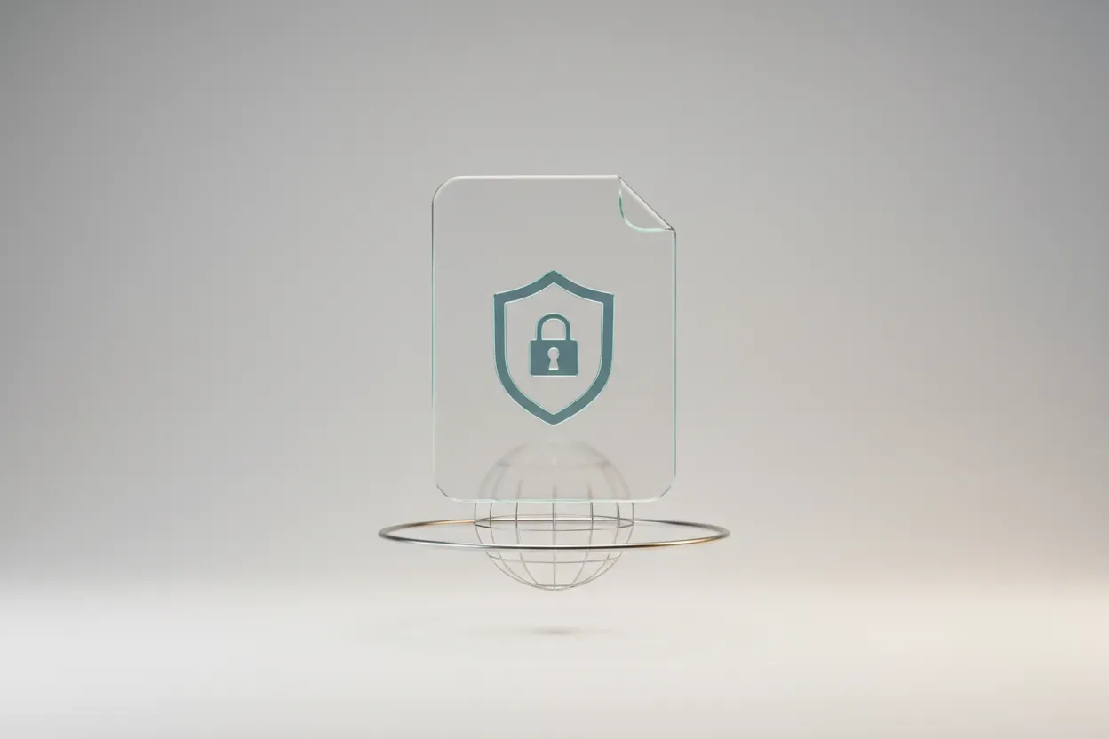 Minimalist digital contract with a shield lock above a subtle globe on a soft neutral background.