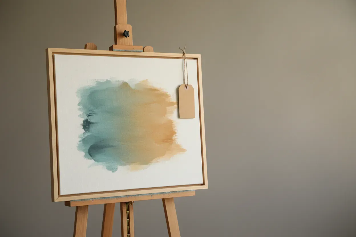 Wooden easel with a minimal framed canvas and a blank price tag against a softly lit neutral background.