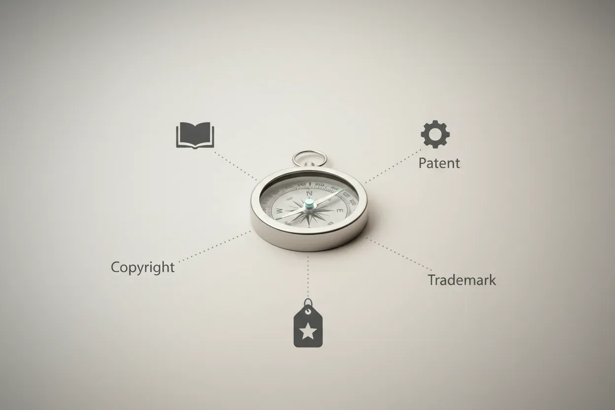 Sleek compass on neutral background with three faint paths to icons: gear for patent, book for copyright, and tag for trademark.