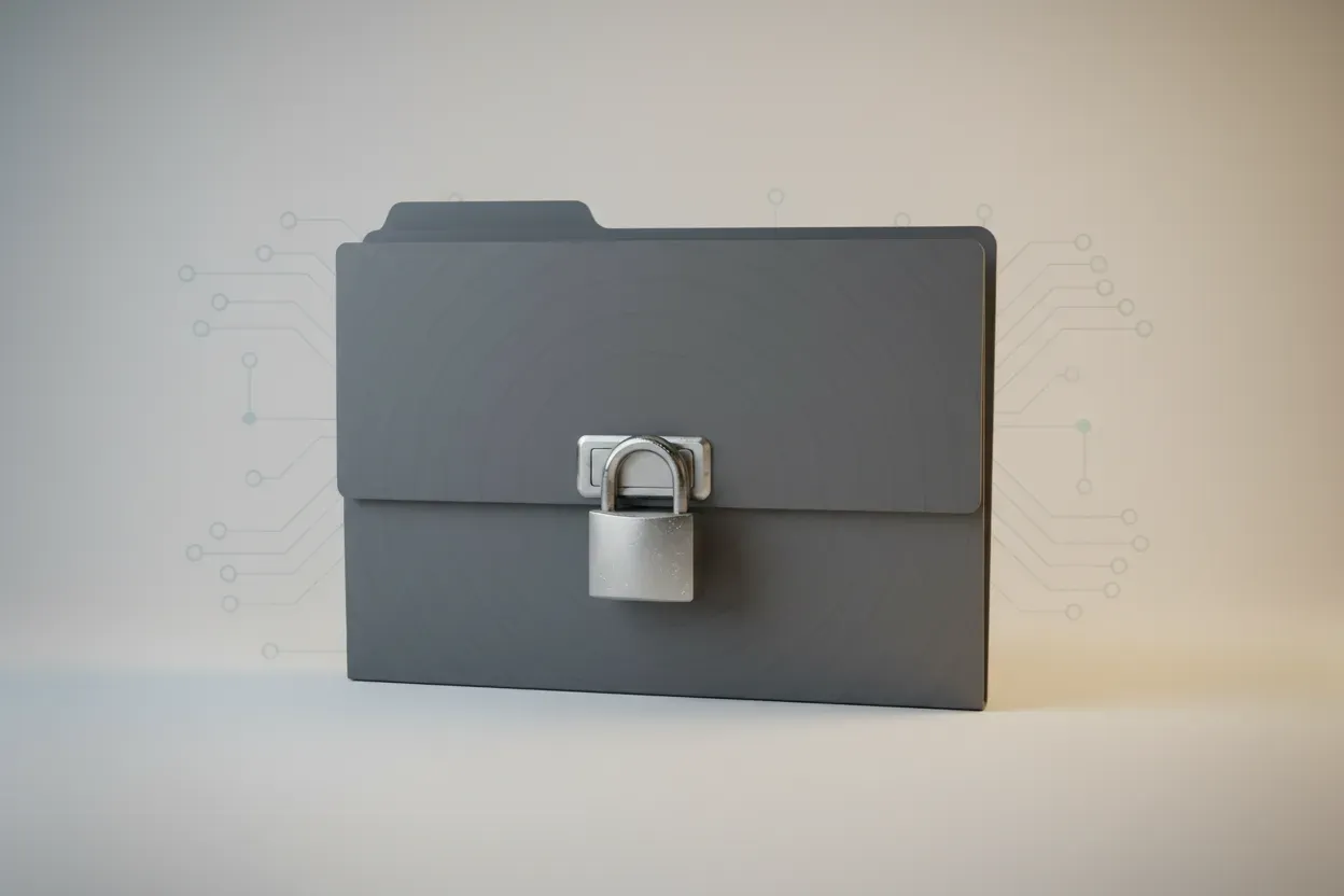 Minimal locked folder with steel padlock on soft background, symbolizing online IP protection.