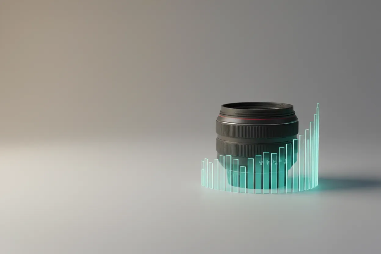 Camera lens on a soft gray surface with a glowing histogram curve at its base, symbolizing photo-editing software.