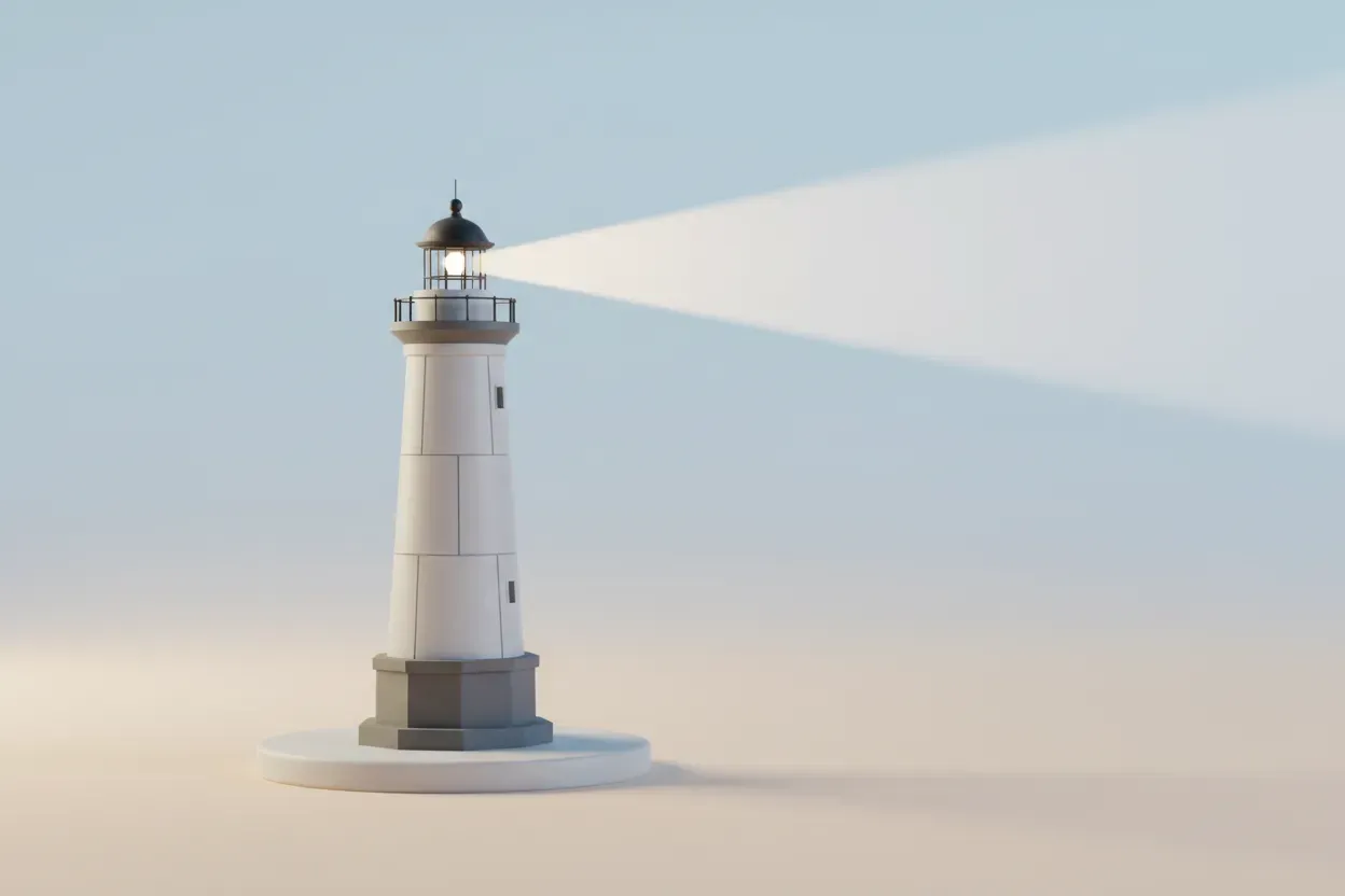 Minimal lighthouse casting a focused beam across a soft gradient background, symbolizing targeted amplification.
