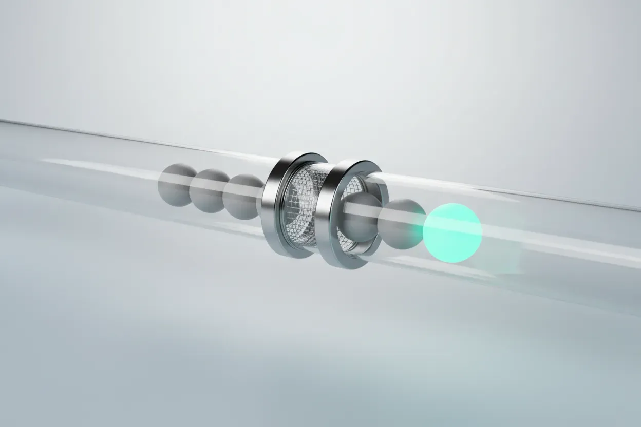 Transparent glass pipeline with glowing spheres through a filter, highlighting a standout candidate for hard-to-fill roles.