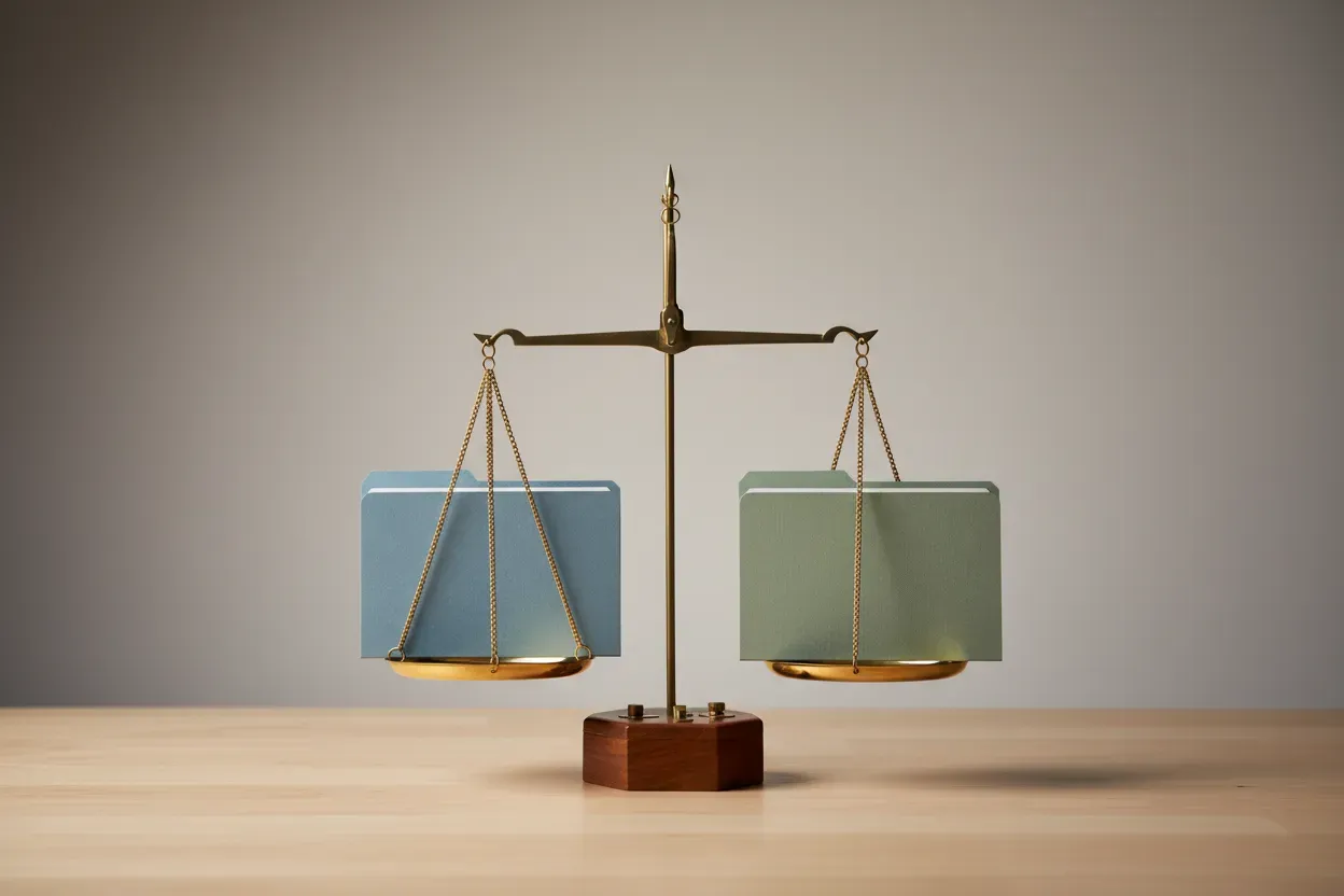 Brass balance scale with blue and green folders on each pan, centered on a light wood surface against a soft gray background.