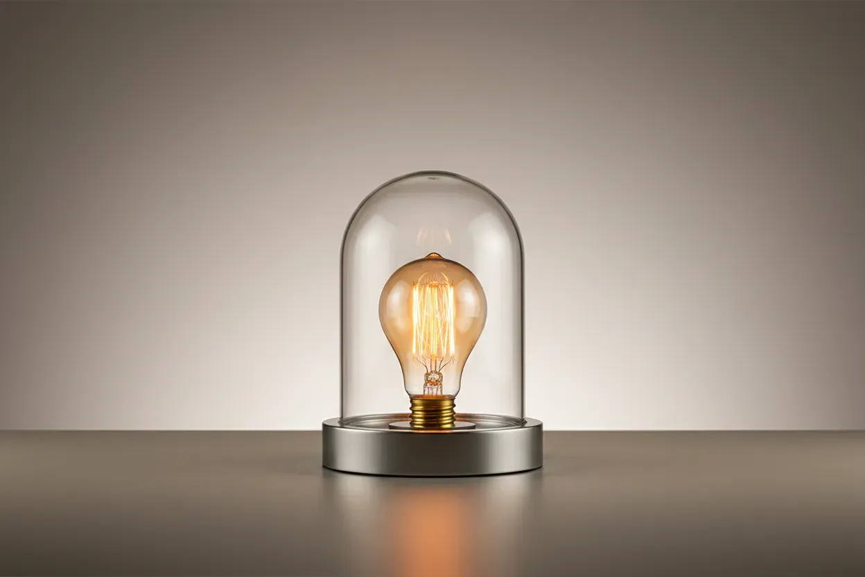 Glowing lightbulb protected under a clear glass dome on a neutral background, symbolizing intellectual property protection.