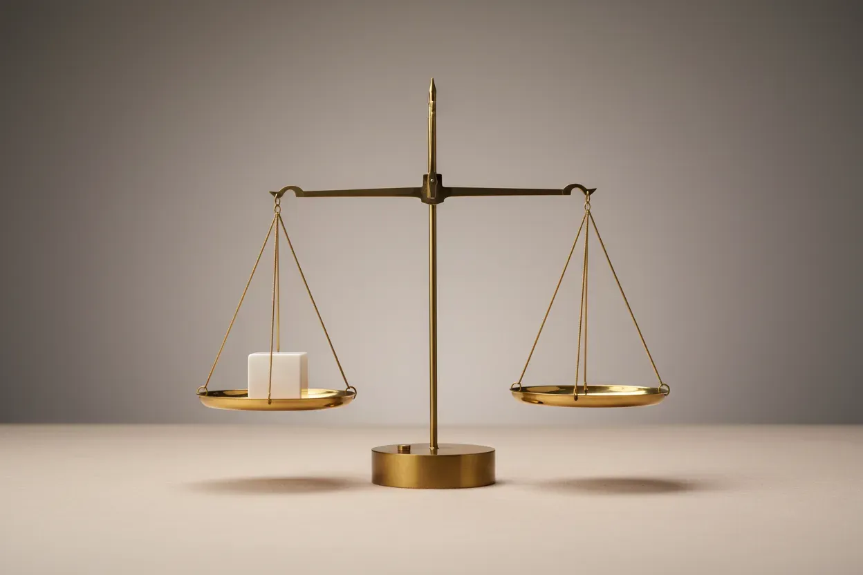 Minimal brass balance scale with a white cube on one pan, centered on a soft neutral background, symbolizing legal balance in business formation.