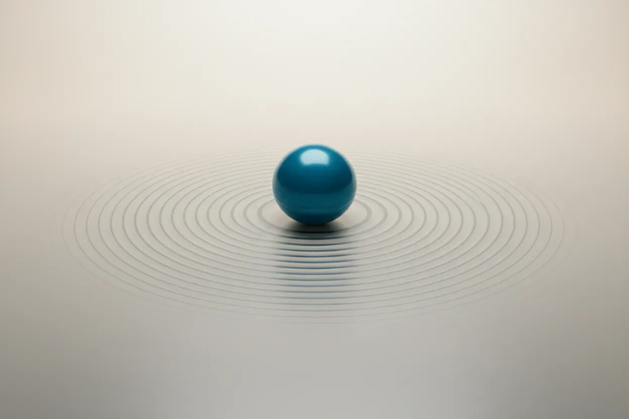 Teal sphere with soft concentric ripples on a neutral background, symbolizing a branding choice shaping market perception.