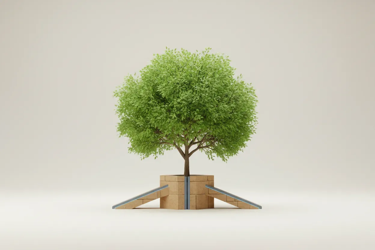 Young tree growing from a strong geometric foundation, symbolizing how business structure supports startup growth.