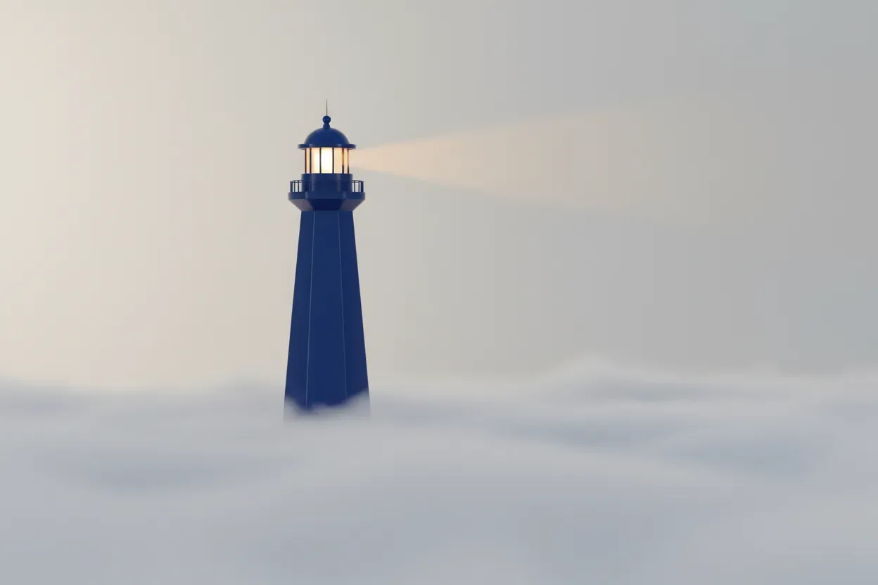 A distinctive blue lighthouse glowing above soft gray mist, symbolizing a clear thought leadership voice in a crowded market.