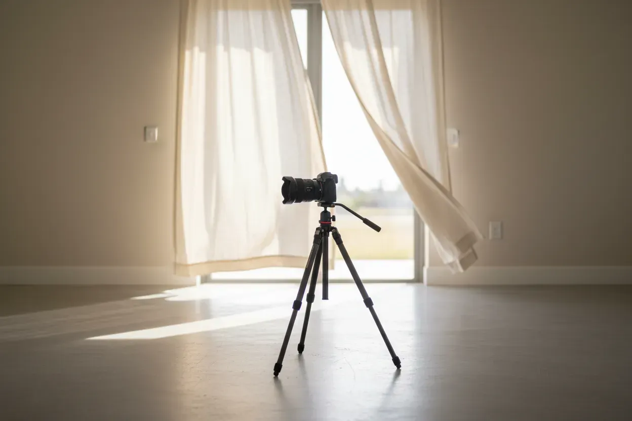 Professional camera in a calm studio with soft natural light, symbolizing relaxed direction for authentic expressions.