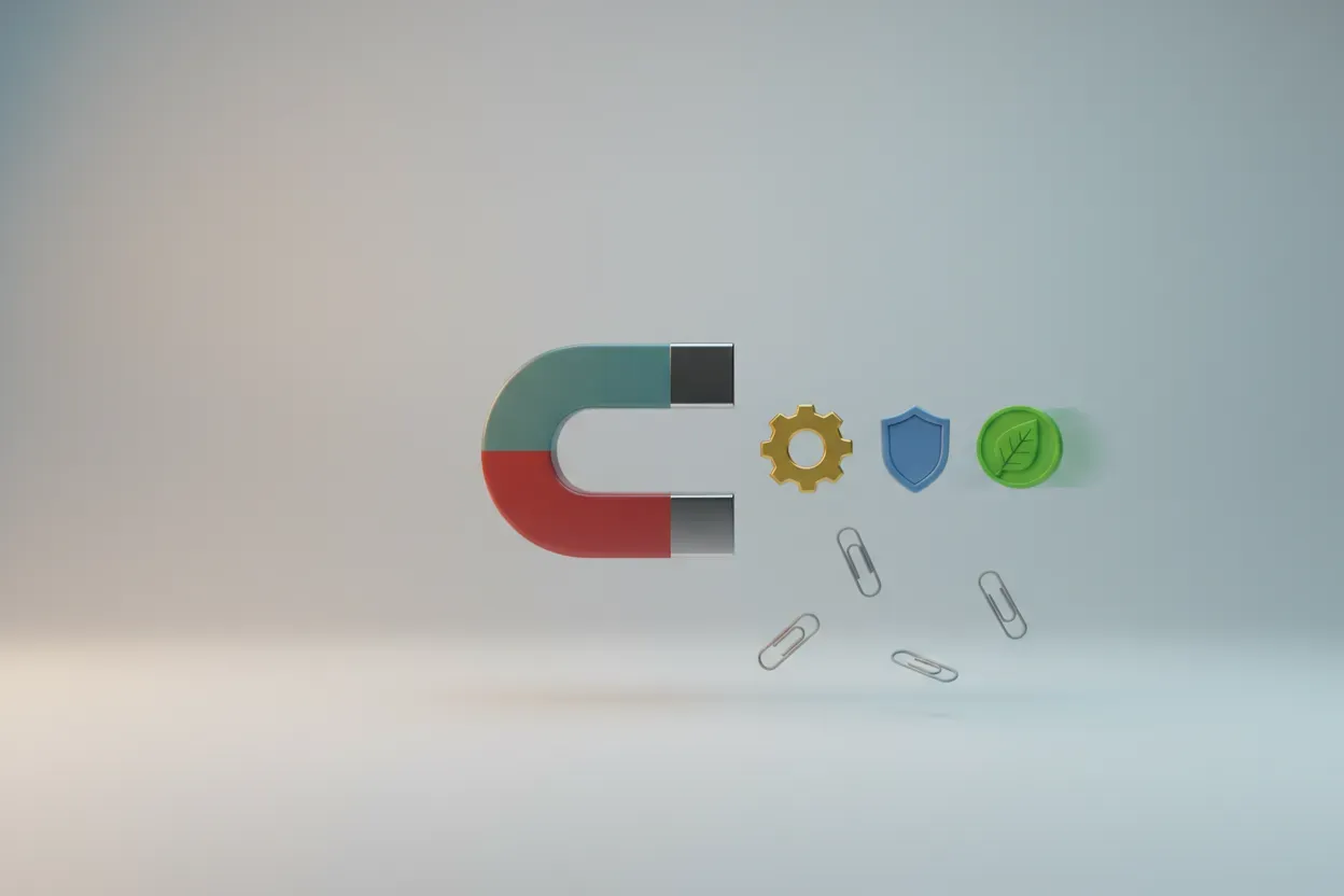 Central magnet draws skill icons as paperclips fall away, symbolizing the shift from old hiring tactics to targeted recruiting.