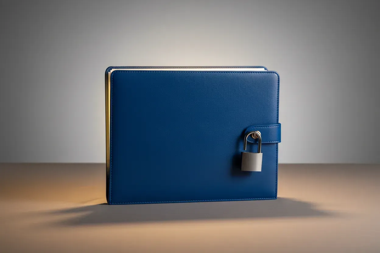 Open blue IP folder with an unfastened padlock, symbolizing an unprotected startup idea.