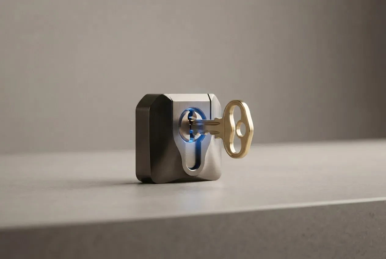 Glowing key aligned with a specialized lock, symbolizing the challenge of recruiting the right talent for niche roles.