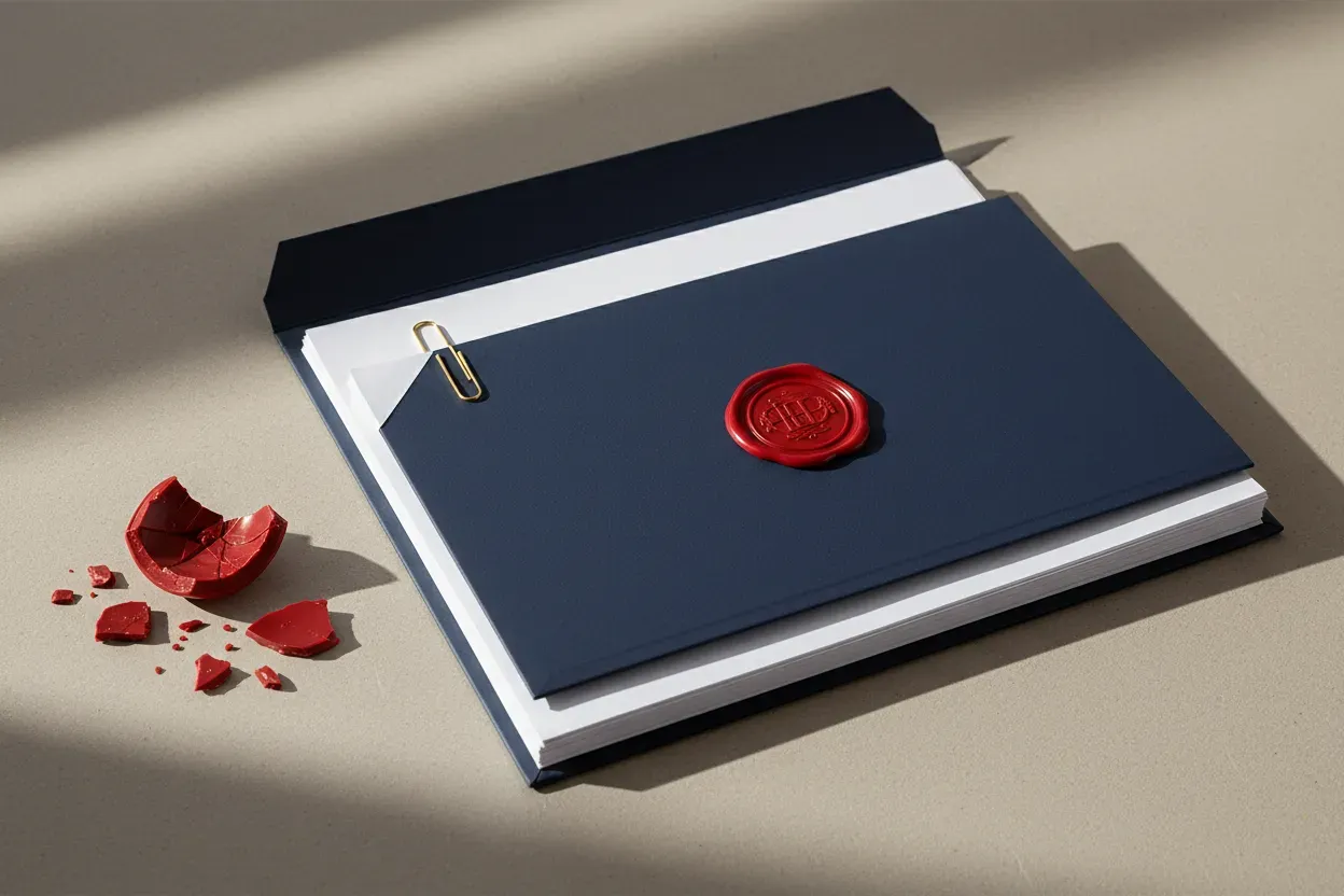 Blank legal documents in a folder with a repaired page and broken wax seal, symbolizing resolving an early business legal mistake.