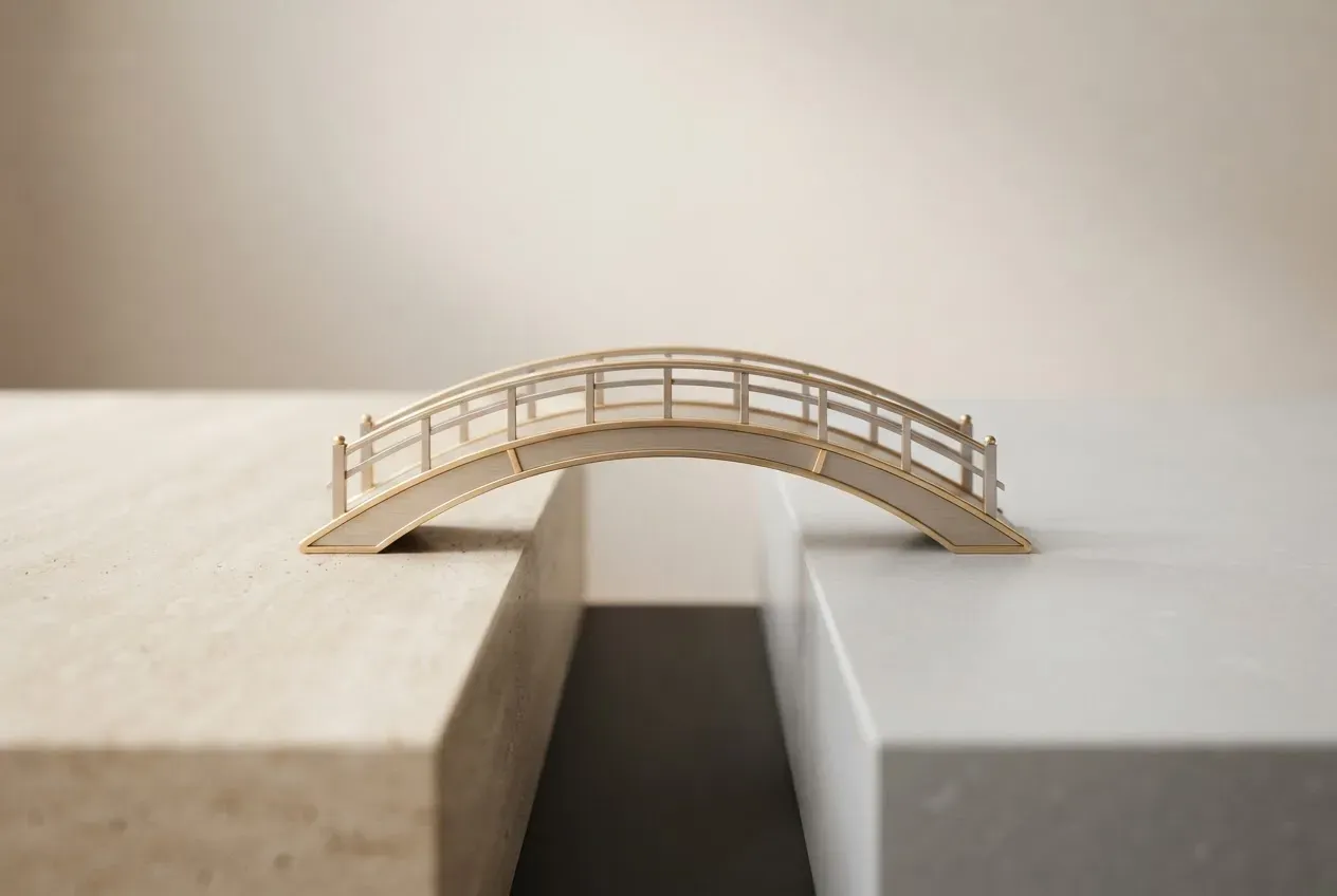 Elegant bridge reconnecting two contrasting stone platforms, symbolizing peaceful business conflict resolution and preserved relationships.