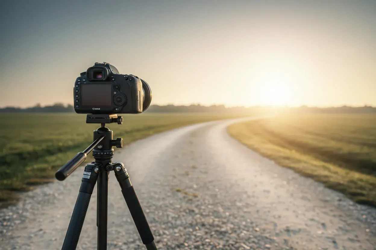 Professional camera on a tripod beside a winding path leading toward warm light, symbolizing the journey into photography.