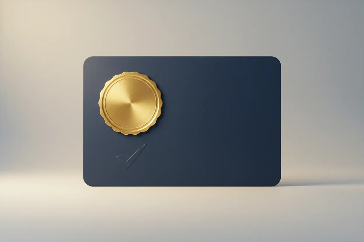 Professional certification card with a gold verification seal against a soft neutral background